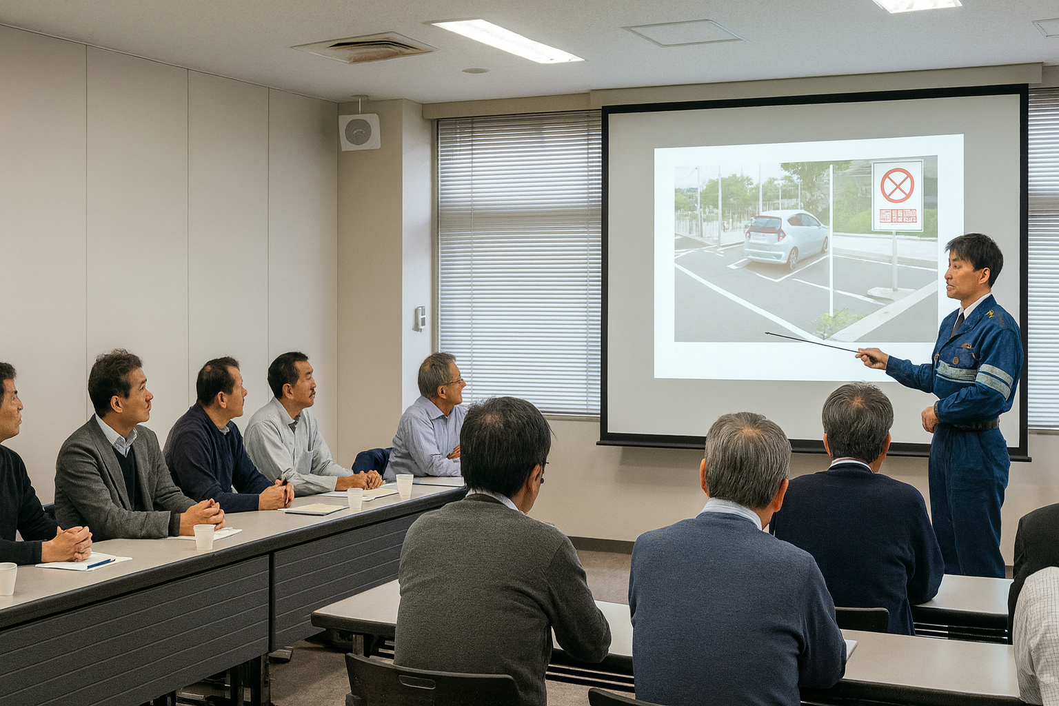 駐車監視員資格者講習を受ける受講生が講義室でテキストを開き、講師の説明を聞いている様子