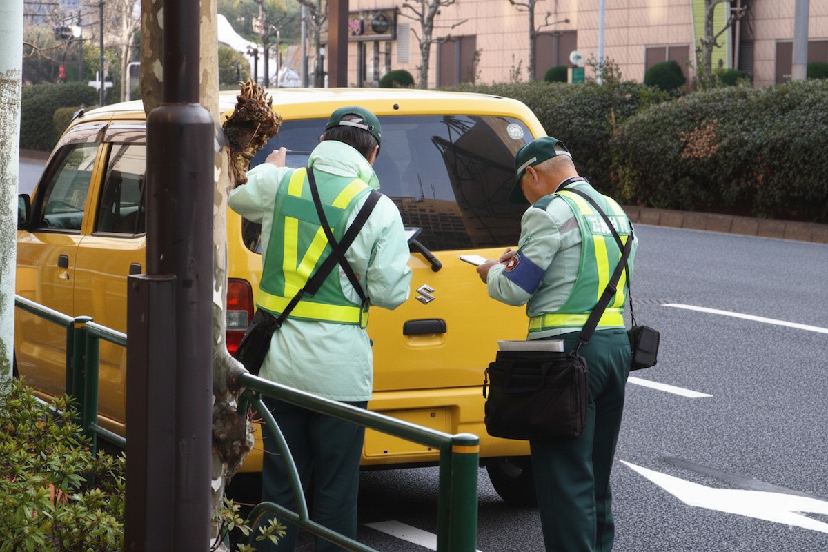 路上で駐車監視員が駐車違反の車両をチェックしている様子